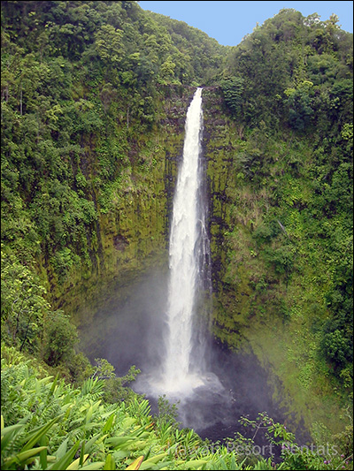 Big Akaka Falls drops into a pool below, surrounded by jungle vegetation in the moist air