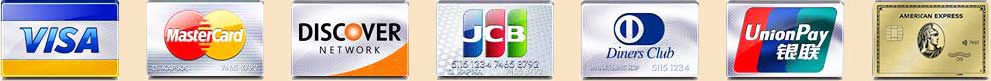 Visa, Mastercard, Discover, Japan's JCB credit card, Diners Club credit card, UnionPay credit card, American Express logos